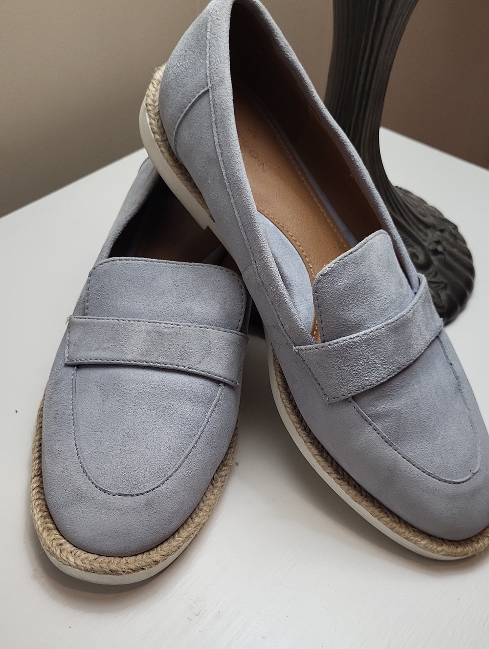Caslon Light Gray Suede Penny Loafers with Jute Trim, 7